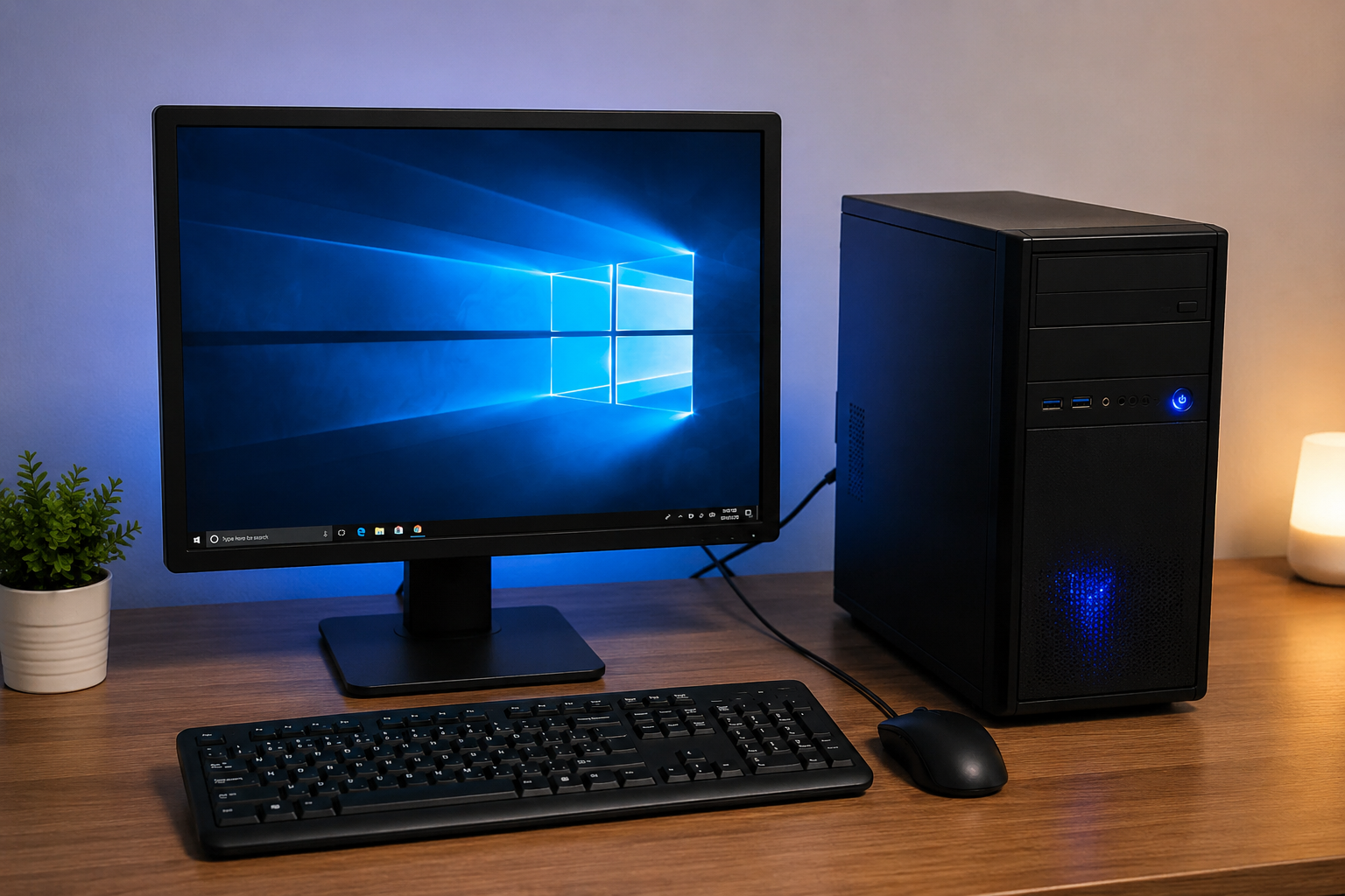 Powered-on desktop computer workstation with monitor, system unit, keyboard and mouse